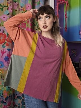 Easel Color Block Orange Green Purple Yellow Oversized Long Sleeve Shirt